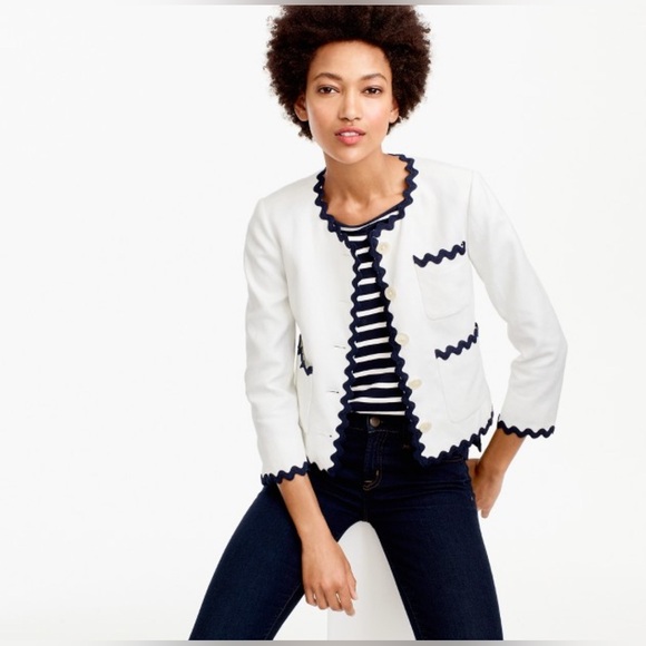 J. Crew Jackets & Blazers - J.Crew Linen Blend WhiteBlack Trim Scallop Zig Zag Casual Work Blazer Size 10